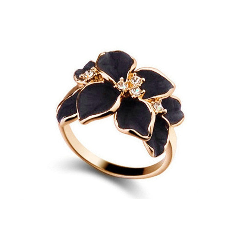 Rose Gold Color Austrian Crystal Black Enamel Flower