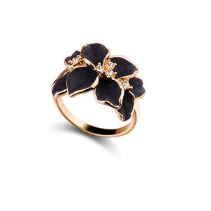 Rose Gold Color Austrian Crystal Black Enamel Flower